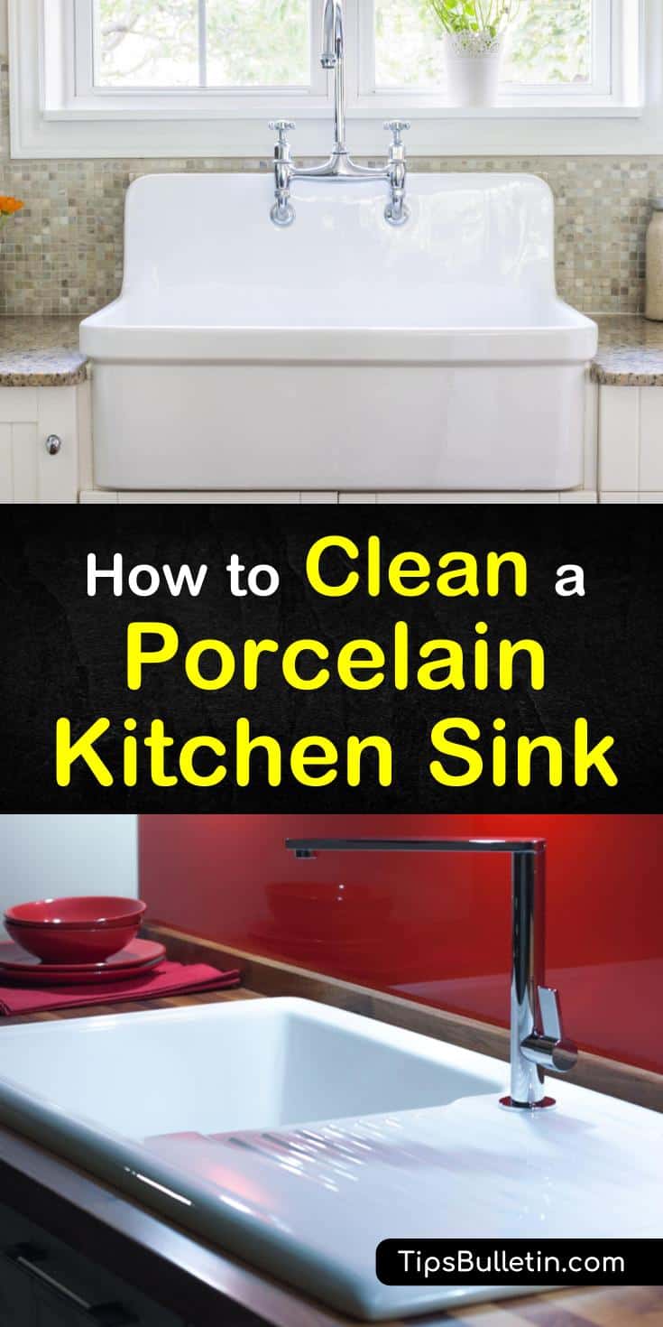 Try the tips and tricks for how to clean a vintage porcelain sink in this guide. By using vinegar mixed with baking soda and other cleaning solutions, you can get your old farmhouse sink back to white in no time. #porcelainsink #cleaning #kitchencleaning