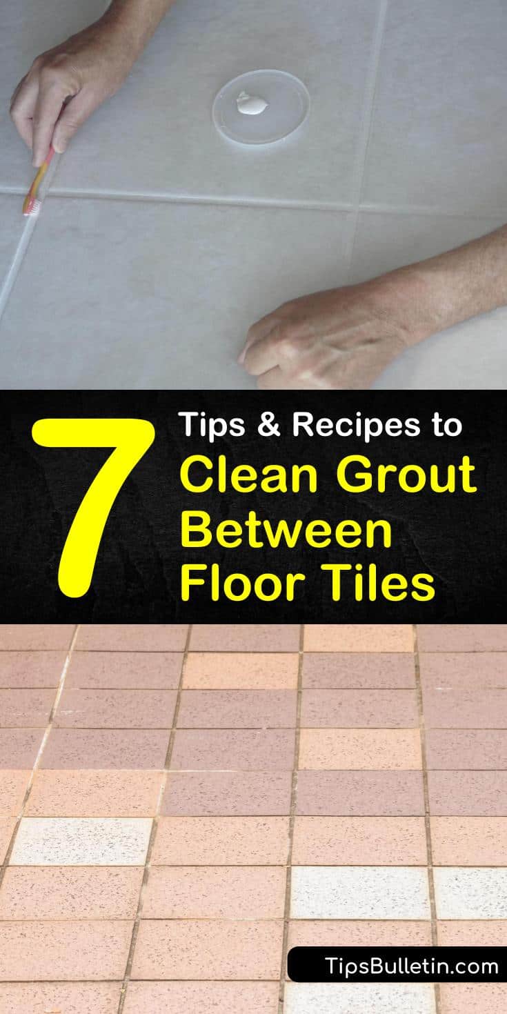 Cleaning grout on tile floors is easy to do using the right grout cleaner. Learn how to make a cleaning solution of warm water and white vinegar and a toothbrush to remove grime and mildew from floor tile grout. #cleaning #floortilegrout #cleangrout