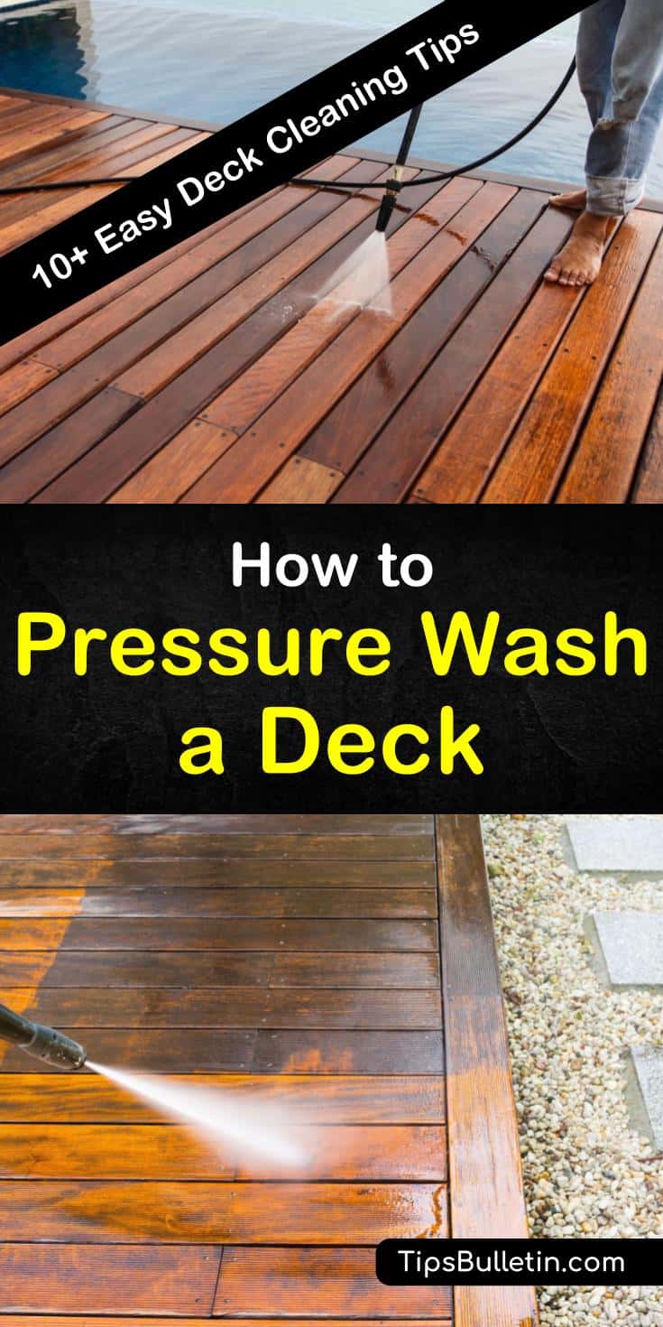 Find out how to pressure wash a deck with our handy cleaning guide, and make your deck look like new again. We help you keep your deck looking beautiful using soap, water, a pressure washer, and a little elbow grease. #pressurewash #deckcleaning #deck