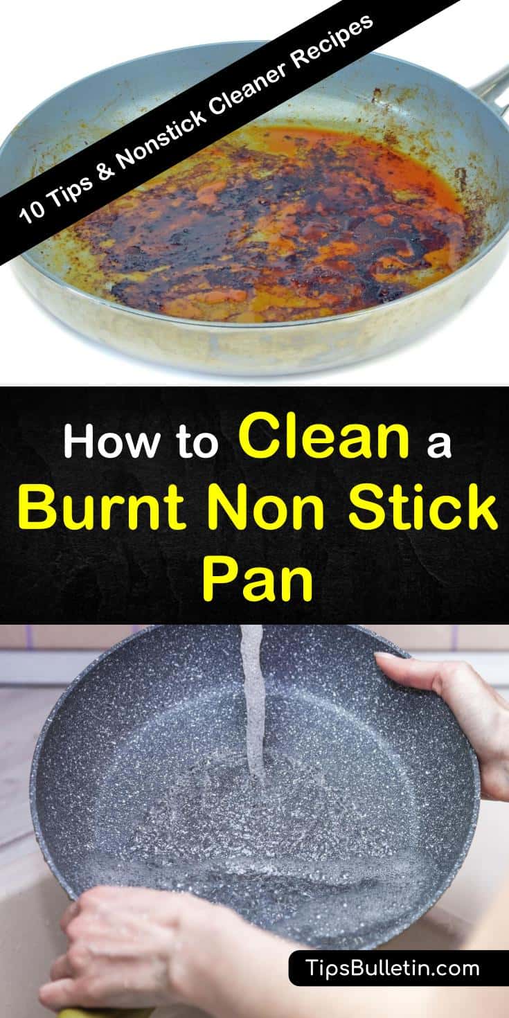We have tips for removing stuck-on food from Teflon cookware and cleaner recipes for removing burnt food from non-stick pans. Make a cleanser using baking soda, white vinegar, and dish soap to remove dried-on food. #cleaningnonstickpans #nonstickpancleaner #cleanpans
