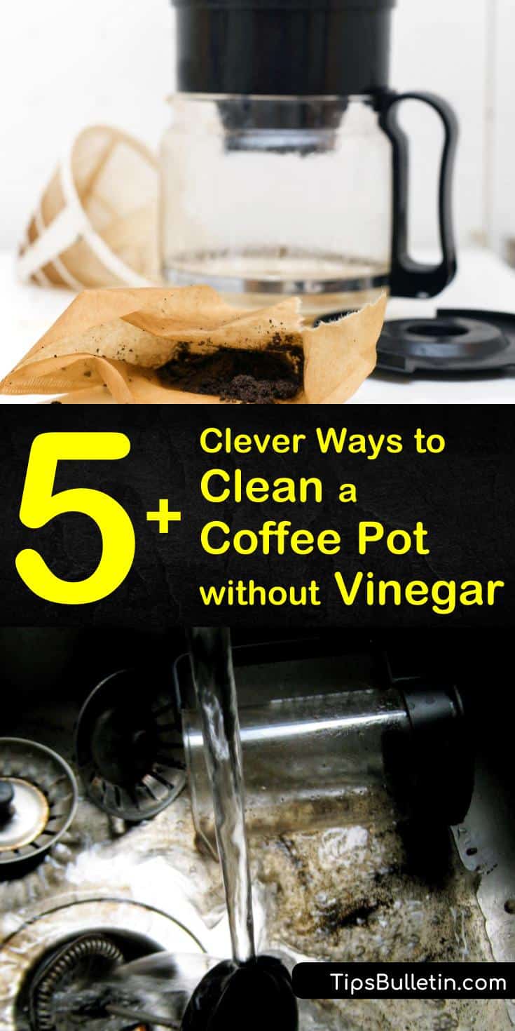 Learn how to clean a coffee pot without vinegar using natural DIY cleaners, and keep hard water scales and stains at bay. Our guide shows you how to keep your coffee pot looking like you just brought it home from the store. #coffeepot #cleaningcoffeepot #cleancoffeemaker