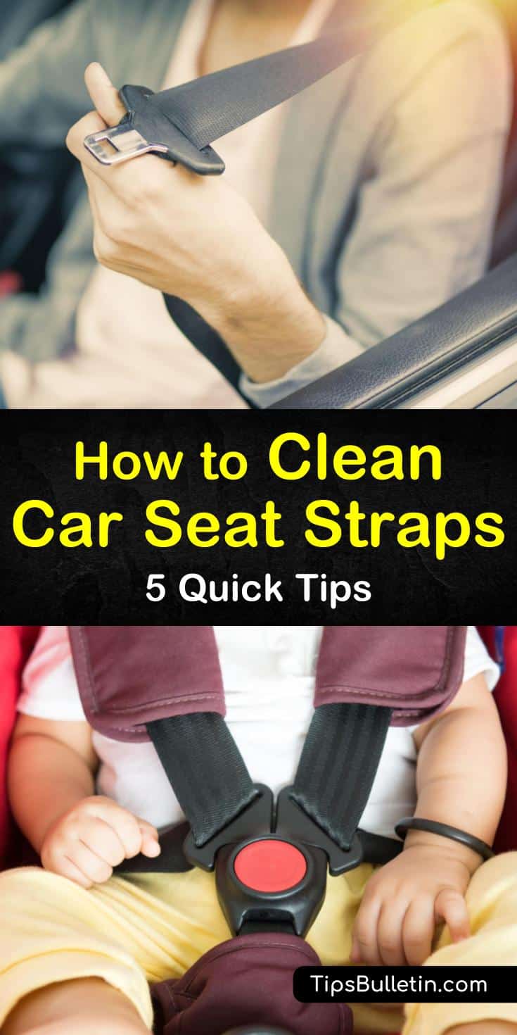 Learn how to clean seat belts and straps in the car, infant seat, and stroller using gentle cleaning products. Remove dirt and germs from seat harnesses safely using baking soda, mild soap, and baby shampoo. #carseatstrapcleaner #seltbeltcleaner #cleancarseatstraps