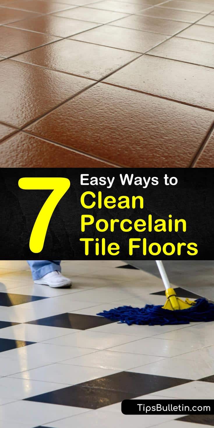 Learn how to clean porcelain tile floors in kitchens using mild cleaners such as vinegar. Clean porcelain tile grout on the bathroom floor using a baking soda solution. #cleaningporcelain #tilefloors #cleanporcelaintile