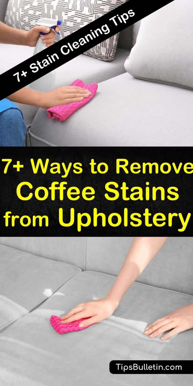 Learn how to remove coffee stains out of the car seat and furniture upholstery using natural and inexpensive ingredients. Clean stains with club soda, dish soap, baking soda, white vinegar, and other household items. #removecoffee #cleancoffeestains #upholstery