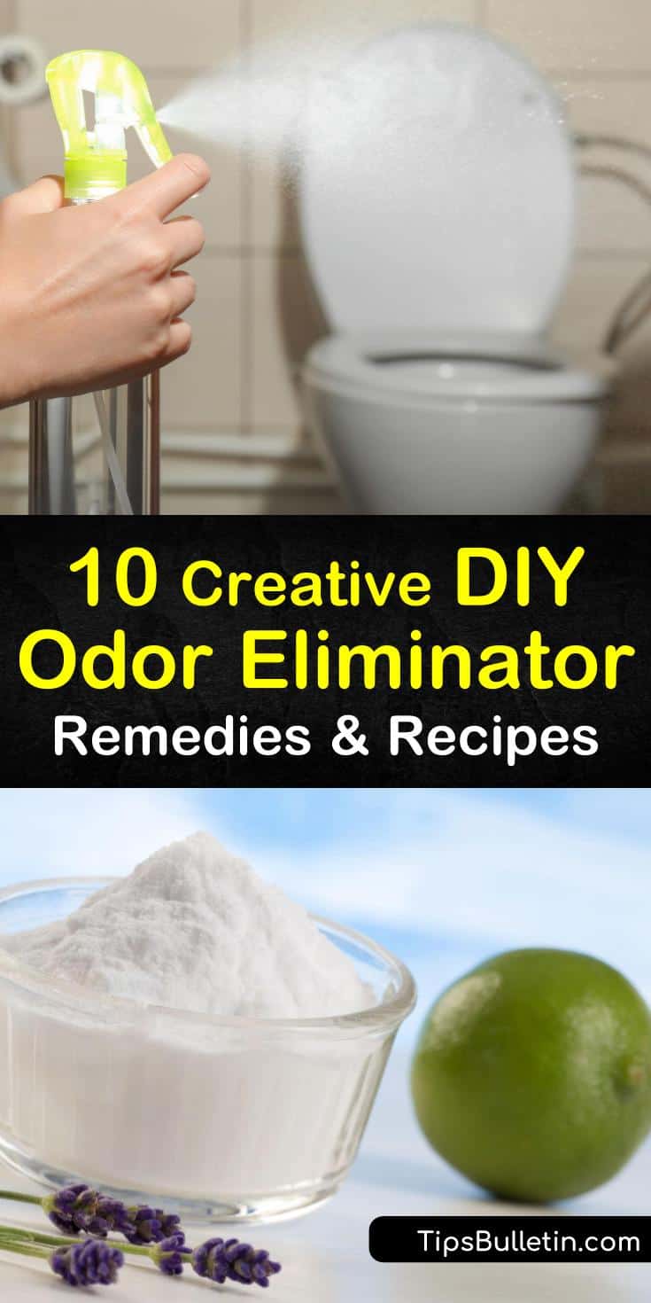 Learn how to get rid of stinky smells in trash cans and other areas of your home. Make a DIY odor eliminator with baking soda and an air freshener with peppermint or lemon essential oil for deodorizing a smelly room. #diyodoreliminator #diyairfreshener #getridofsmells