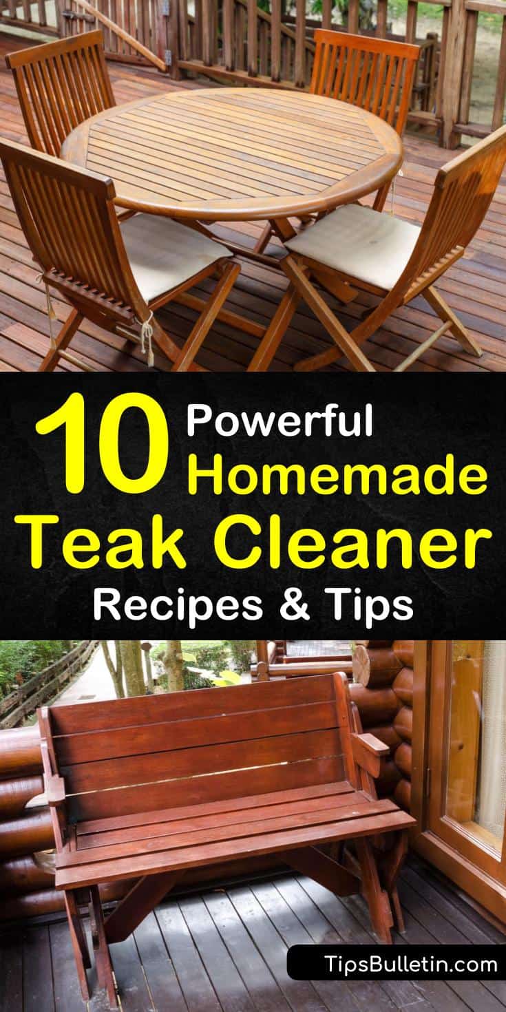 Make a homemade cleaning solution to clean outdoor furniture made of teak wood. Clean teak furniture using laundry detergent, white vinegar, bleach, or another teak cleaner along with a little bit of scrubbing action. #DIYteakcleaner #cleanteak #teak #wood