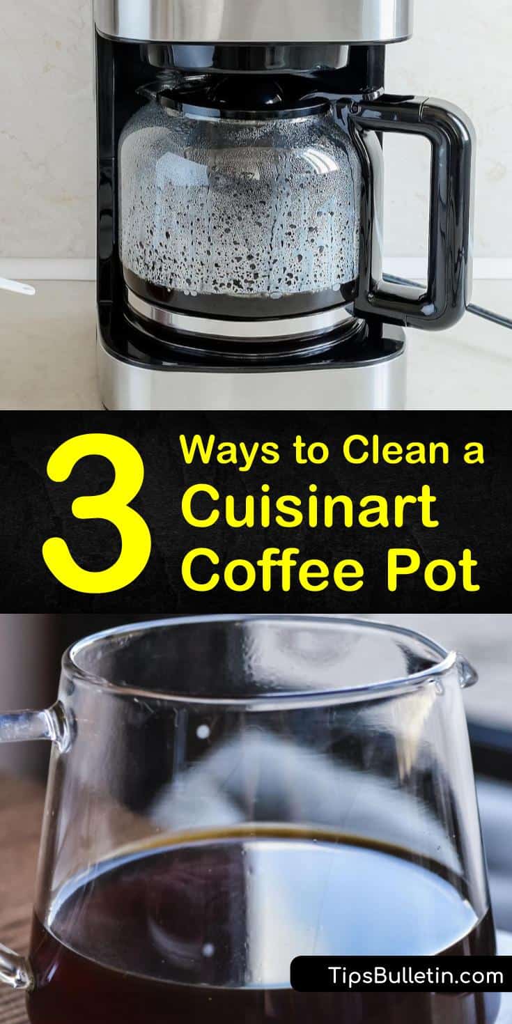 Learn how to clean a glass or stainless steel Cuisinart coffee pot and brewer. Remove old coffee stains using ice or baking soda, and clean away hard water deposits with vinegar. #cuisinart #coffeepot #cleaning