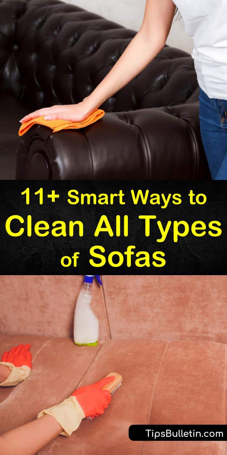 Learn how to clean a couch by vacuuming and using a steam cleaner, whether it is a leather, suede, or a fabric sofa. Make DIY cleaning products using warm water, vinegar, baking soda, and detergent to remove stains and foul odors. #howtocleansofa #sofa #cleaning #couch