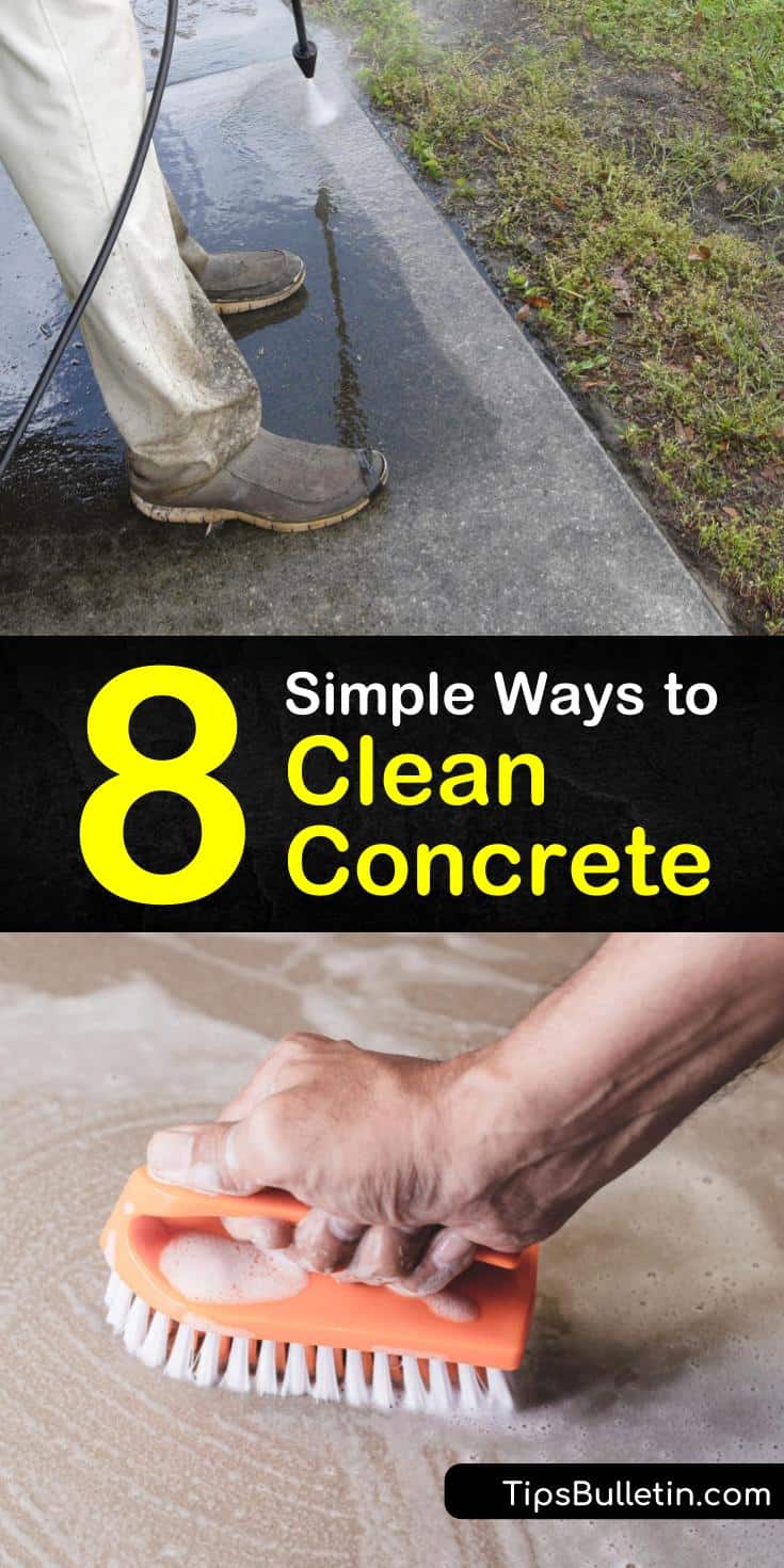 Learn how to maintain concrete floors with sealer and regular cleaning. Remove everyday grime and rust stains off of concrete by using a bleach cleaning solution and a stiff bristle scrub brush or power washer. #howtocleanconcrete #cleaningconcrete #cleanconcrete