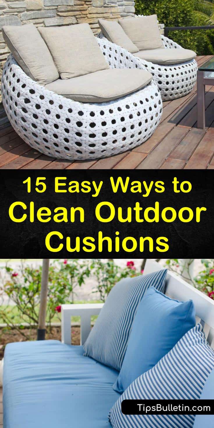 Learn how to use bleach, warm water, and other household ingredients to create a cleaning solution for outdoor furniture. Using a scrub brush and spray bottle, we show you how to correctly clean and air dry your patio cushions. #outdoor #cushion #cleaningpatiocushions