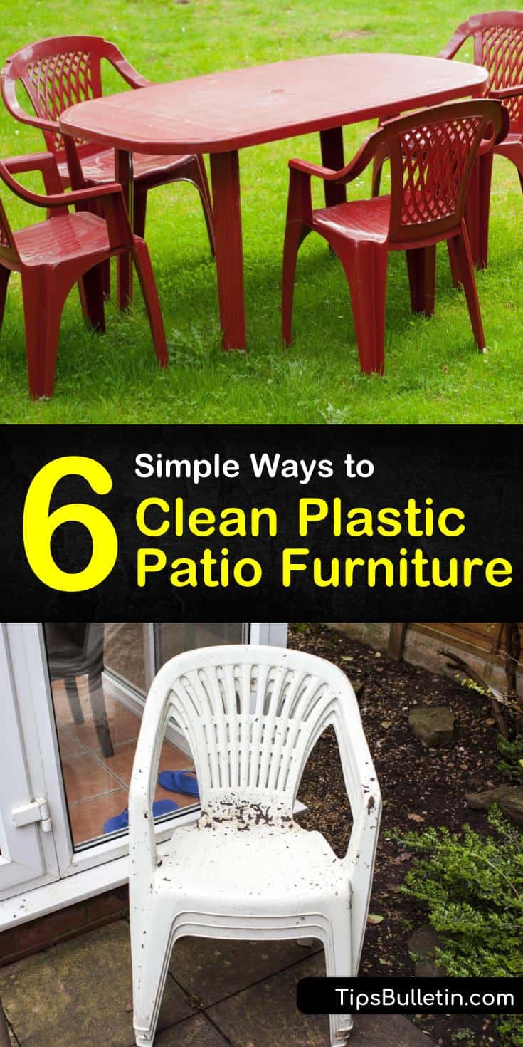 Learn how to clean plastic or resin furniture using a cleaning solution of white vinegar, baking soda, and warm water. Use a sponge for scrubbing and avoid using steel wool to clean your patio furniture to prevent scratching. #plasticpatiofurniture #cleaning #patio