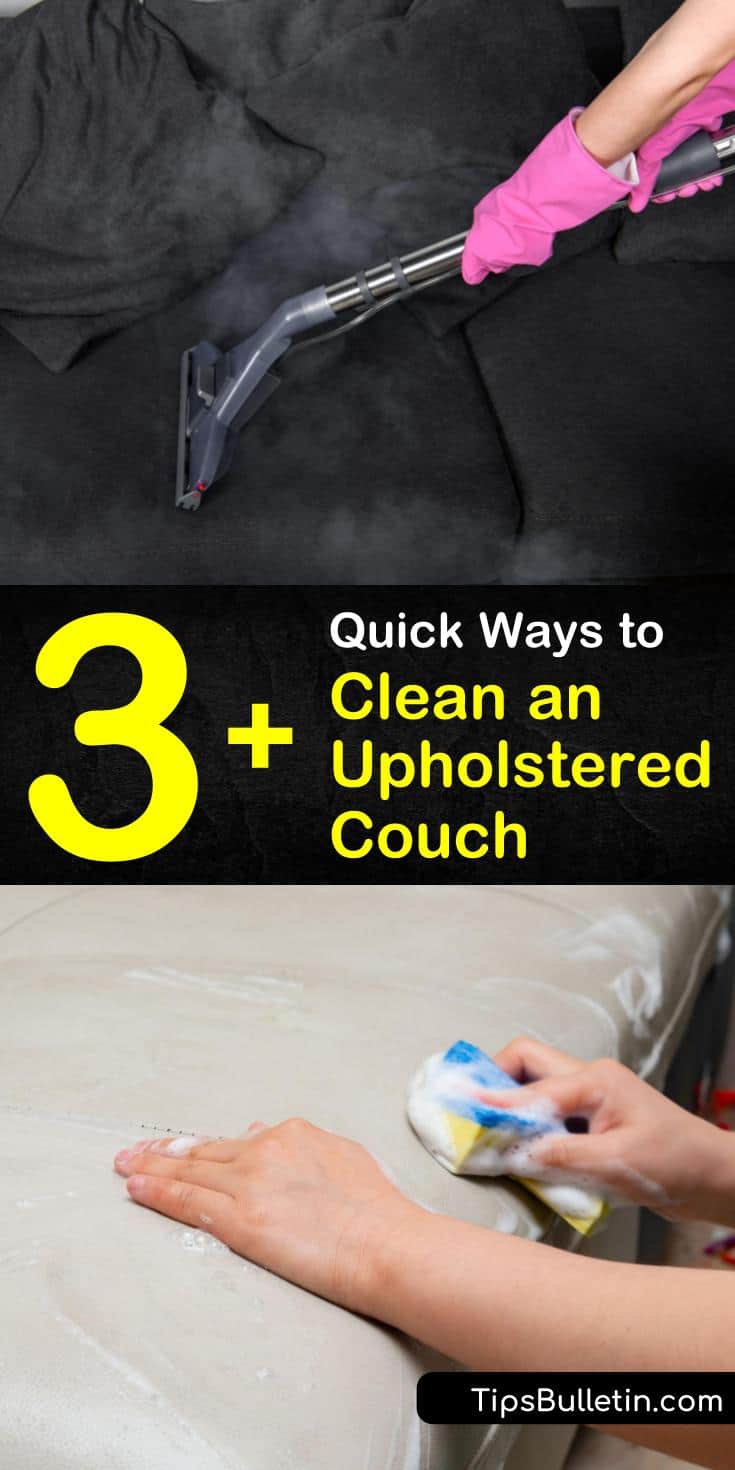 Learn how to clean sofa upholstery at home using natural cleaning solutions and a steam cleaner. Make DIY cleaning products using warm water, baking soda, and white vinegar to clean fabric and leather. #cleanupholstery #home #upholsterycleaning