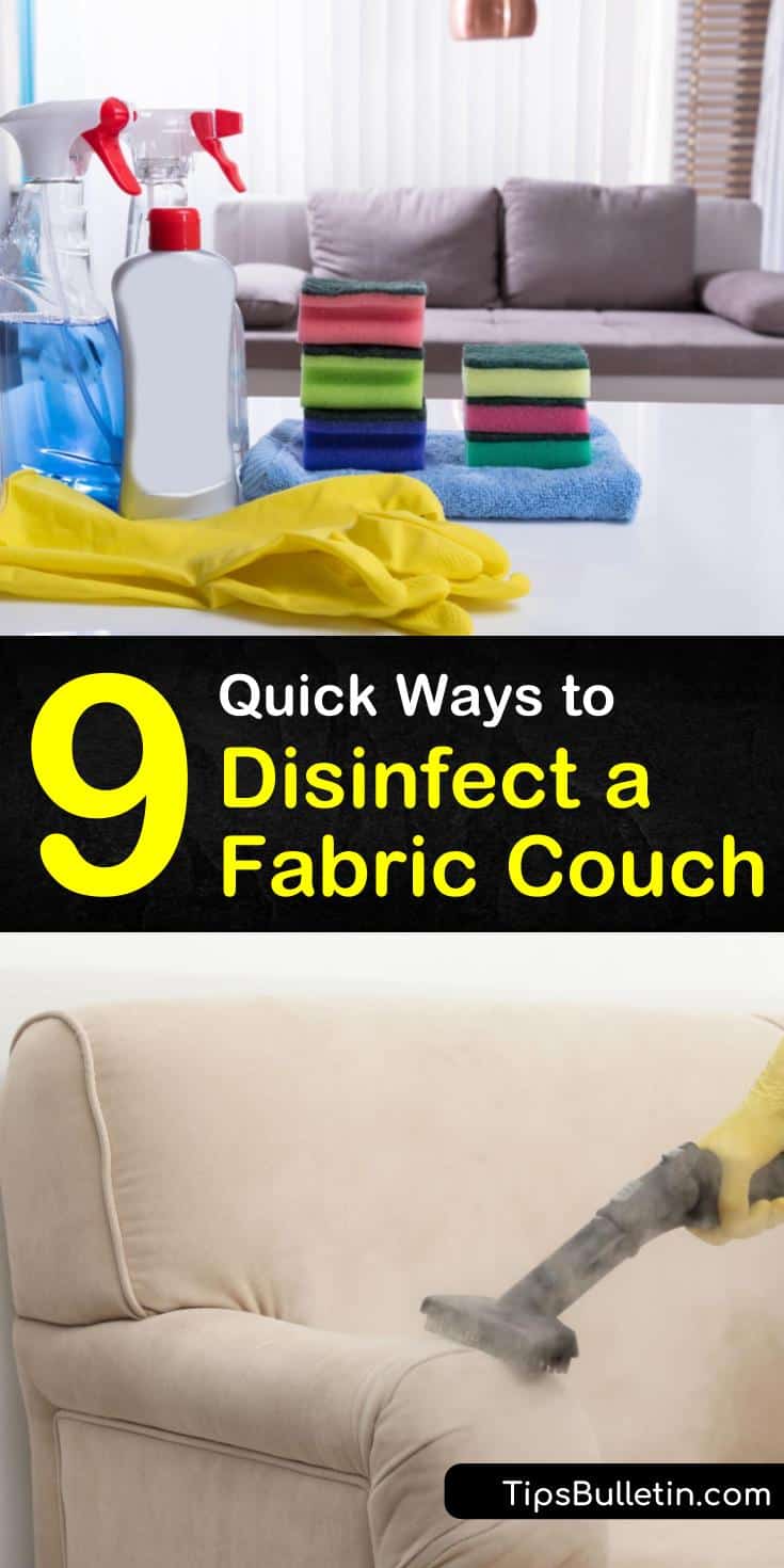 Learn which cleaning solutions to use when sanitizing your leather, suede, or fabric sofa. After vacuuming, use white vinegar, warm water, baking soda, dish soap, and other cleaning products for disinfecting your couch. #disinfectcouch #sanitizeasofa #sanitizecouch