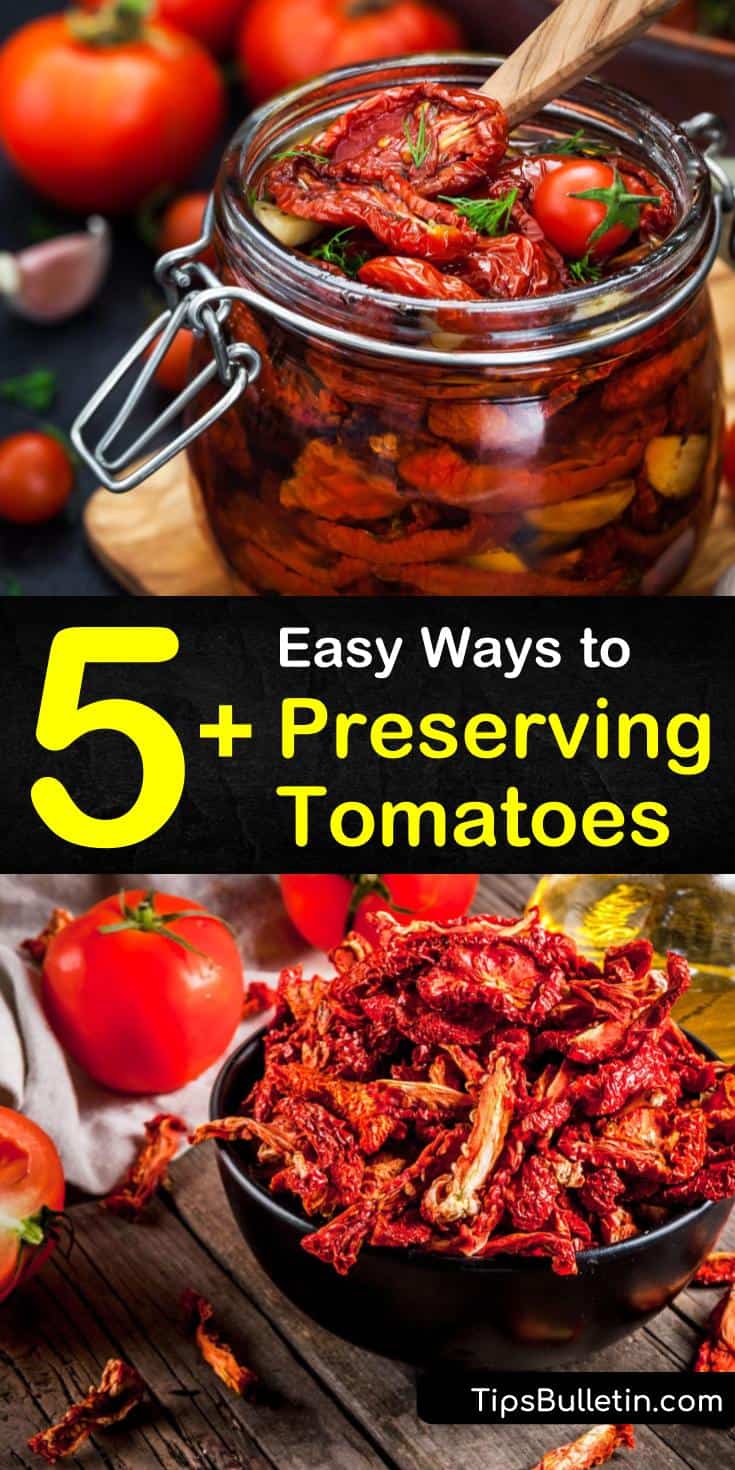 From freezing tomatoes to using a water bath canner, we show you various preservation methods. Use your dehydrator to turn cherry tomatoes into a tangy treat or turn whole tomatoes into tomato juice. #preservetomatoes #foodpreservation #tomatostorage