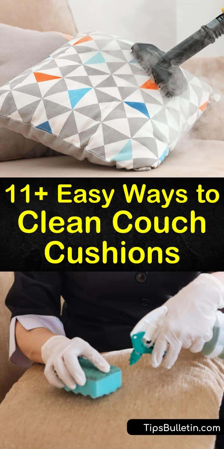 Discover how to clean machine washable cushion covers in the washing machine using a mild detergent. Use a steam cleaner or warm water, baking soda, and dish soap to clean everyday dirt from sofa cushions and upholstery. #cleancouchcushions #sofacleaning #cleansofacushions
