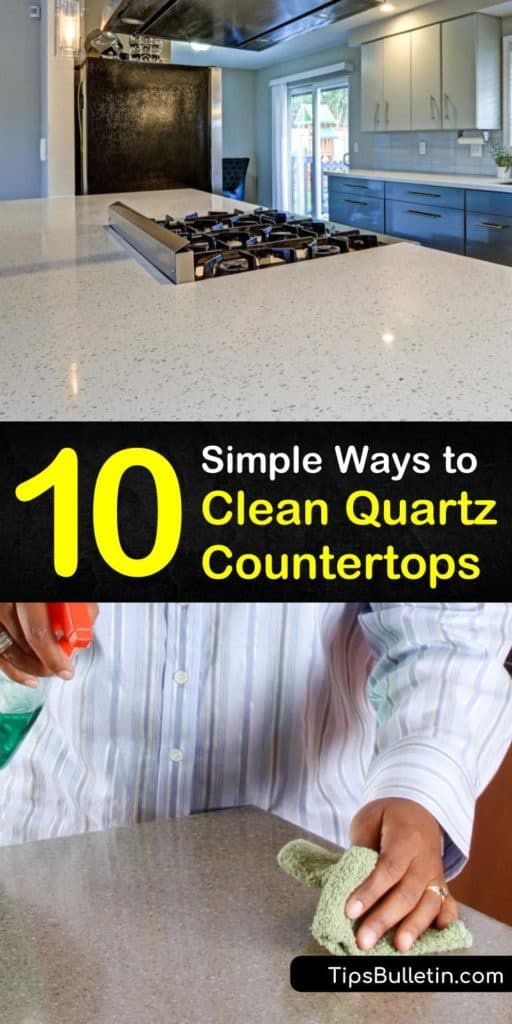 Discover how to clean quartz countertops using everyday cleaning products like glass cleaner. Get rid of greasy messes and foods with adhesive remover like Goo Gone. Take precautions by using trivets and a cutting board to keep quartz surfaces safe and damage-free. #clean #quartz #countertops