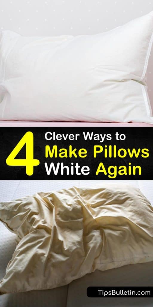 Learn how to whiten your pillows with dishwashing detergent and white vinegar. Use DIY whitening solutions and hot water to remove yellow stains from pillows and pillow cases, and fluff your pillows in the dryer with dryer balls. #whitenpillows #pillows #whitening