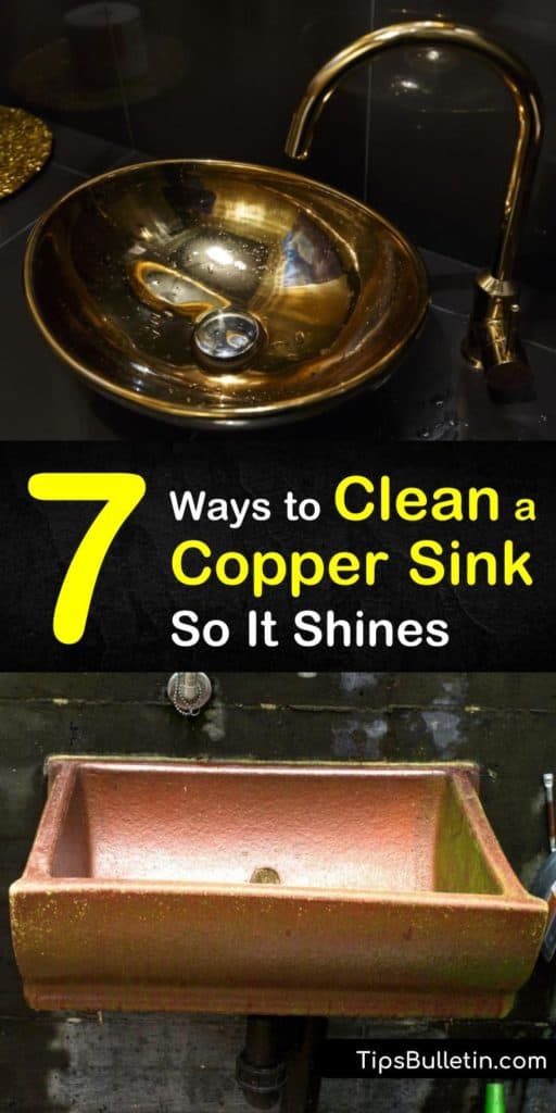 Learn how to clean a copper sink using baking soda, copper cleaner, and a little scrubbing. Our guide shows you how to protect your kitchen sink and faucet from hard water spots, bleach marks, and other discolorations. #coppersinkcleaning #cleancopper #clean #copper #sink