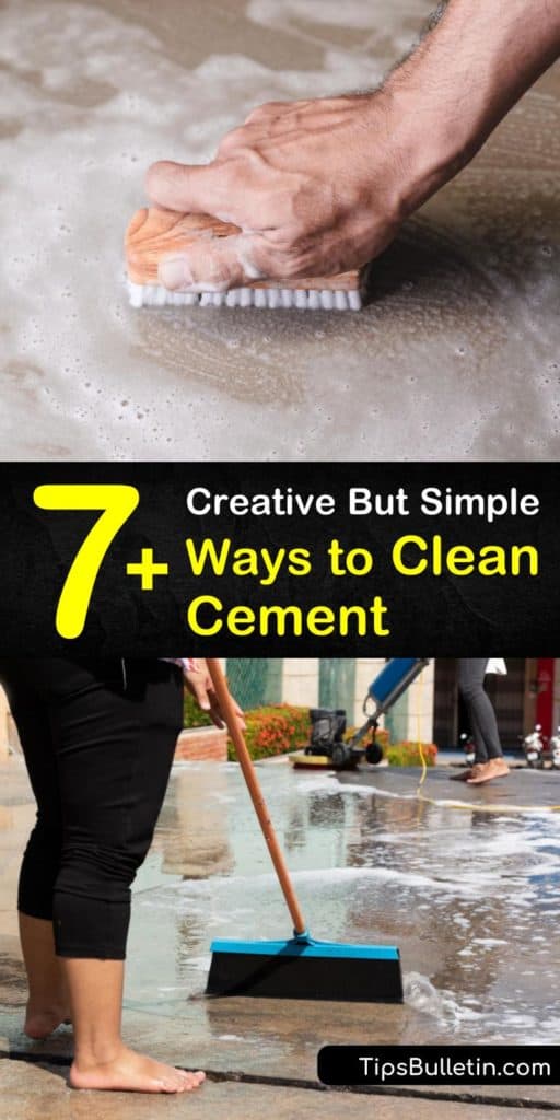 Try these helpful strategies for how to clean cement and finish it with a sealer. Use several DIY recipes for cleaning concrete using baking soda, vinegar, or oxygen bleach. Learn the best practices for removing stains, whether caused by oil, rust, or regular grime. #clean #cement #cementcleaning