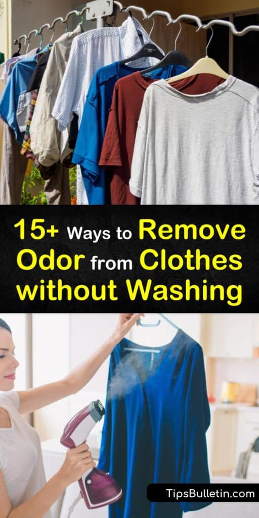 Try these amazing techniques for how to remove odor from clothes without washing. Spritz them with a vinegar solution or essential oils combo to reduce mildew smell. Use homemade linen spray and dryer sheets to eliminate foul odors in armpits of clothing. #remove #odor #clothing #without #washing