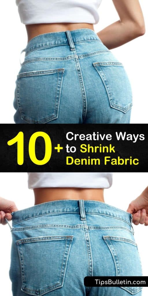 Learn how to shrink baggy denim such as a pair of jeans or the waistband of a Levi skirt. Shrinking jeans is easy using high heat in the washing machine and clothes dryer. Shrink target areas with warm water, fabric softener, and a spray bottle. #shrink #denim #shrinkingdenim #shrinkingjeans