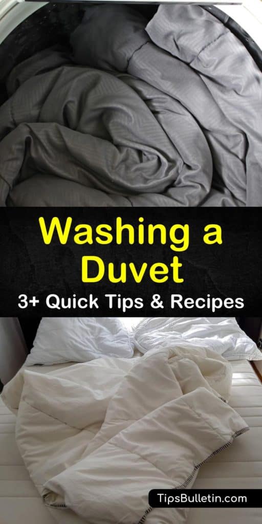 Discover how to clean a duvet insert and cover at home or the laundromat to remove dirt, stains, and mildew. Use gentle soap and avoid bleach to wash your duvet and use the air dry cycle with tennis balls to fluff it back into shape. #washingaduvet #duvet #cleaningaduvet