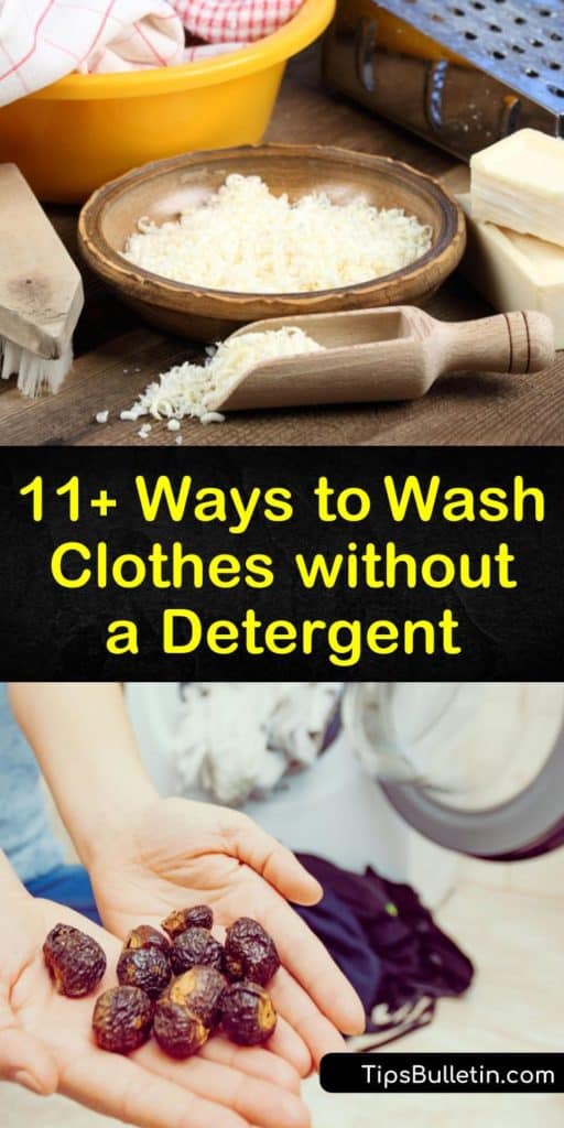 Learn how to clean your clothes without laundry soap. Wash-clothes with alternatives such as Borax, baking soda, an oxygen based bleach, and hot water. Avoid machine washing clothes with shampoo or body wash. #washingclothes #nodetergent #washclothes #laundry