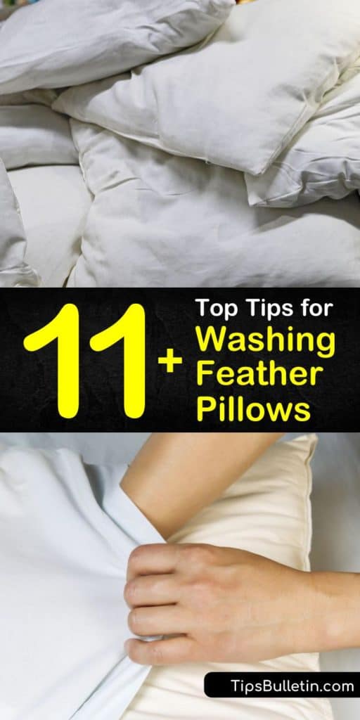 Discover how easy it is to clean feather pillows to remove dirt, mildew, and dust mites. Wash your down pillows with mild bleach on low heat and use dryer balls as an agitator to fluff those pillows to their original shape. #washingdownpillows #pillows #washdownpillows #down