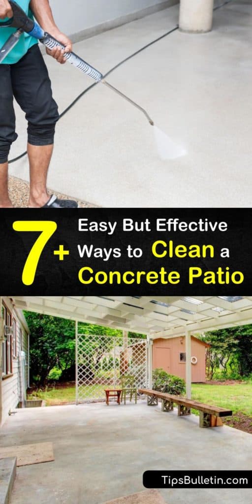 Find out how to remove the grime and mildew from your concrete patio. Use a nonmetallic scrub brush, a spray bottle, and common household products like baking soda and bleach to achieve clean concrete surfaces. #cleanconcrete #concretepatio #cleaning #concrete #patio