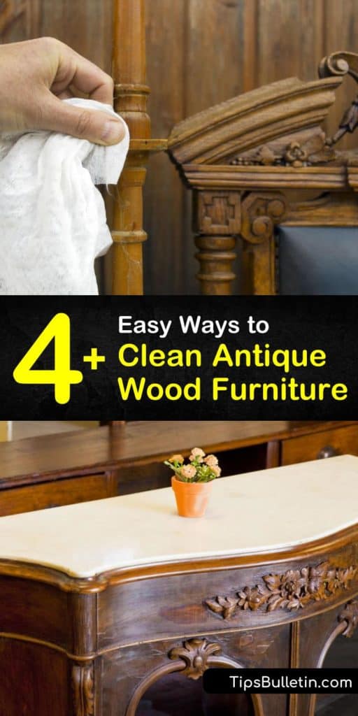 Find out how to clean antique wood furniture using easy DIY recipes and a clean cloth, steel wool, or a spray bottle. Before going to the effort of refinishing, why not try dusting, waxing, or touching up the lacquer? #cleaningantiques #woodfurniture #cleaning #furniture #oldfurniture