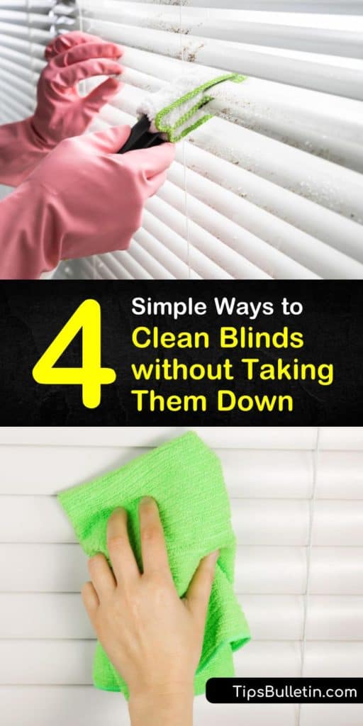 Discover how to clean blinds without having to remove them. You don’t have to soak mini blinds to clean them well but instead the best way is to use a vacuum with a brush attachment or dusting with a microfiber cloth. #cleanblinds #windowblinds #wash #clean #window #miniblinds