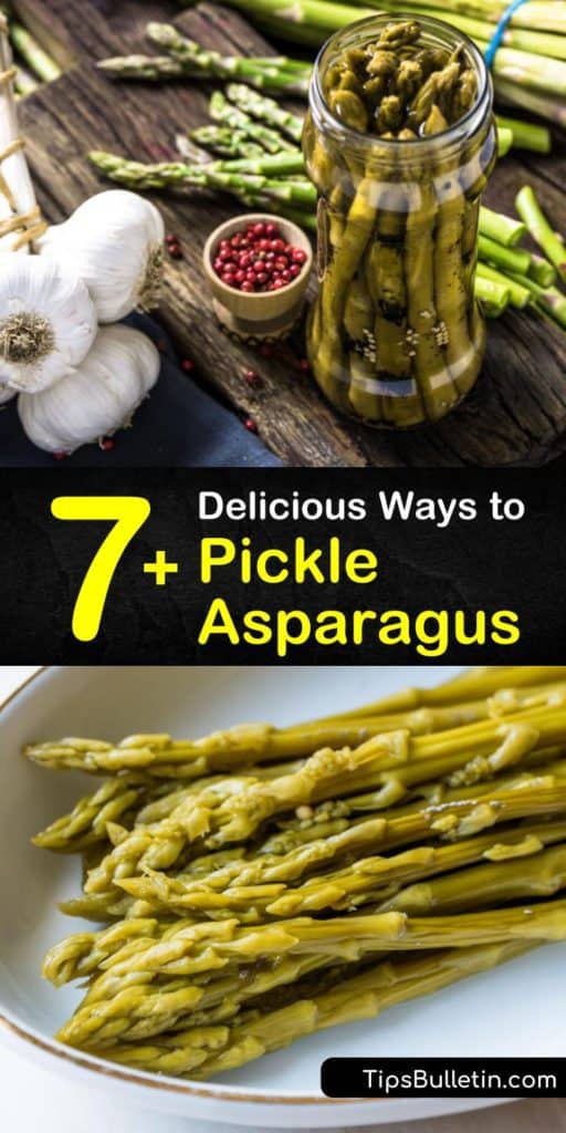 Discover how to pickle fresh asparagus to enjoy veggies all year round. Can asparagus with vinegar, dill seed, garlic cloves, mustard seeds, and red pepper flakes and store them in the fridge or use a water bath canner for long term storage. #pickledasparagus #howtopickleasparagus #asparaguspickles