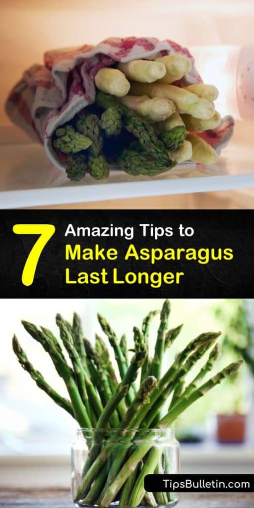 How long does asparagus last is best answered by how it is stored. To keep asparagus fresh longer secure the bundle with a rubber band and place inside a jar with one inch of cold water. Before using, discard any slimy or mushy asparagus spears. #asparagus #howlonglastsasparagus #storeasparagus