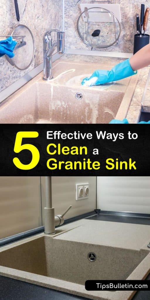 Learn how to clean a granite kitchen sink. Use scrubbing, hot water, a soft cloth, and a natural cleaner like dish soap or baking soda to remove mineral deposits. Make sure to avoid strong cleaners like white vinegar and abrasive materials like steel wool. #cleangranite #granitesink #cleansink