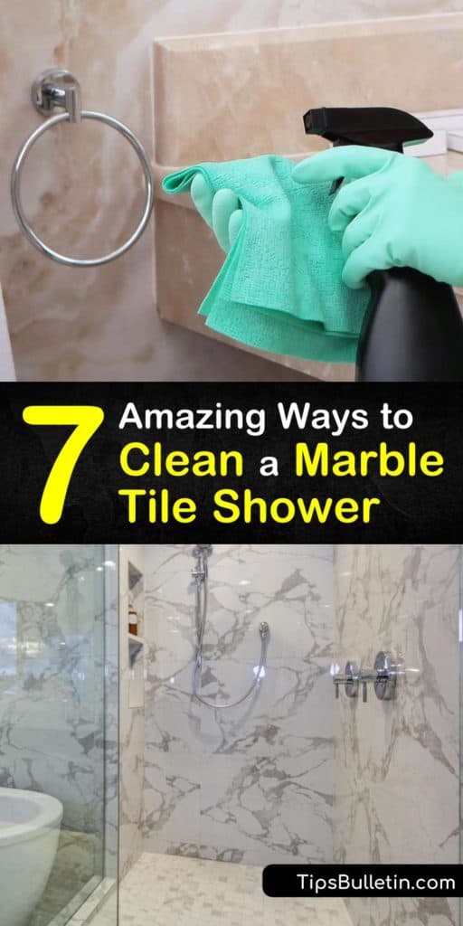 Discover the best ways to clean marble surfaces like marble tile showers and countertops. Never bleach the natural stone or grout to remove mildew. Use these shower cleaning tips. #cleaningmarbletiles #cleanamarble #showertiles #marbletile #tile #marble