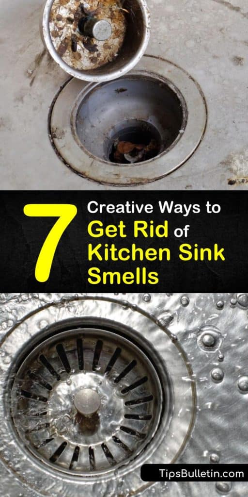 Here are tips and tricks for getting rid of the sewer gas smell from a kitchen sink drain without calling a plumber. Flush away gunk and food particles with boiling water, run ice cubes through the garbage disposal, or use natural cleaners like lemon juice. #kitchensink #smellysink #sink #smell