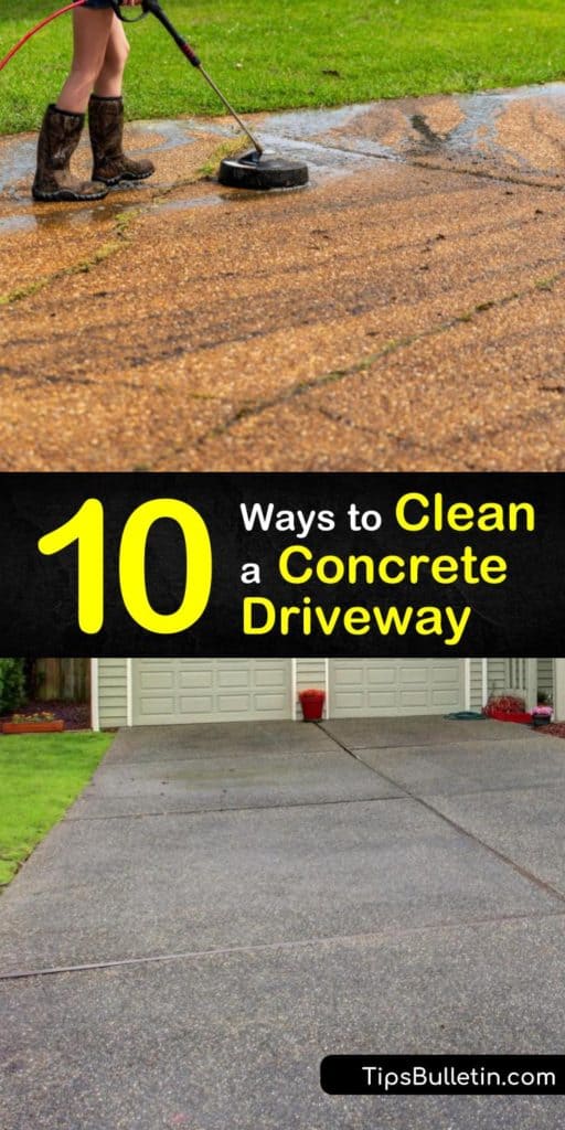 Free your concrete driveway from oil stains, grime, and mildew with these powerful homemade bleach cleaners. Scrubbing with a bristle brush, rinsing with a garden hose, and applying a sealer leaves your driveway looking like it’s been freshly poured. #clean #concrete #driveway