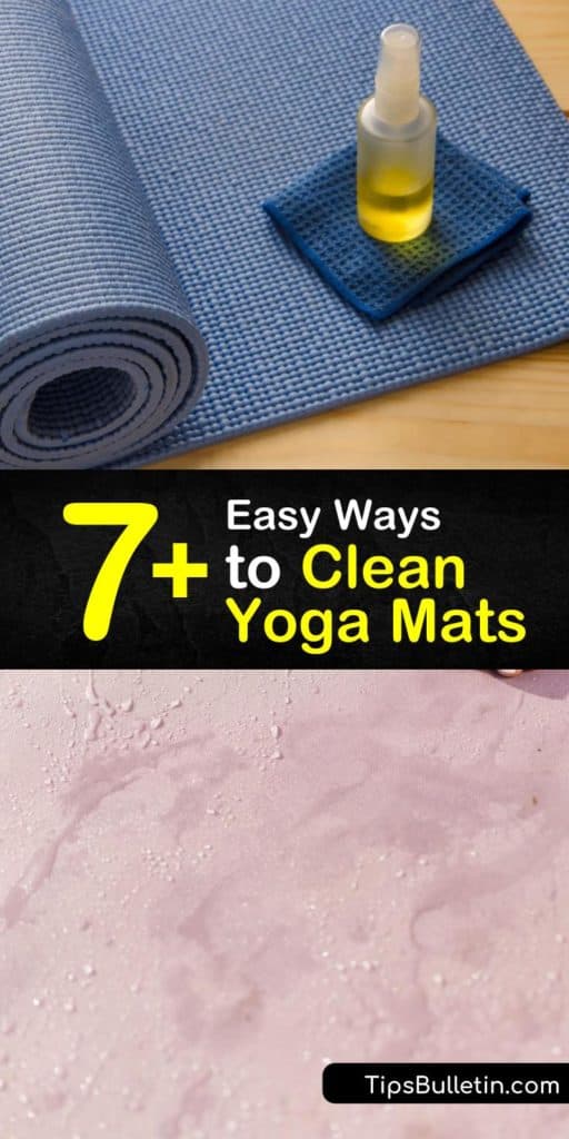 Disinfect your yoga mat at the yoga studio with antibacterial wipes, or take it home for a deeper clean with everyday household items. Ingredients like white vinegar, baking soda, tea tree oil, and dish soap can be turned into a strong yoga mat cleaner for a deep clean. #clean #yoga #mat