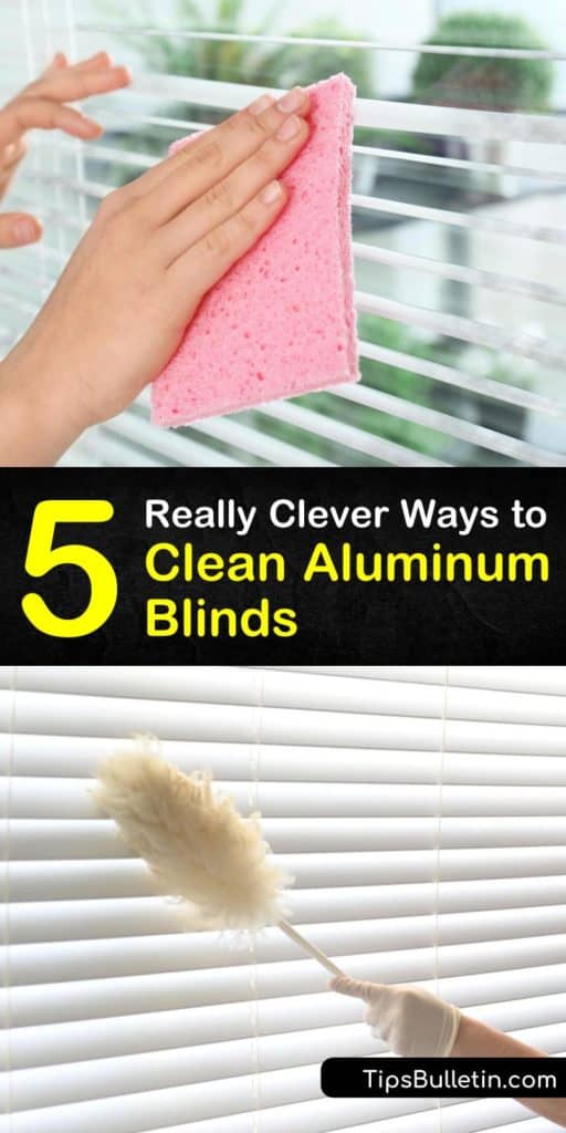 Learn how to clean mini blinds, vertical blinds, and other aluminum window blinds using simple techniques and cleaners. Clean dust off aluminum blinds with a vacuum brush attachment, and remove grime with water and dish soap. #aluminumblindcleaner #cleaningaluminumblinds #cleaningaluminumminiblinds