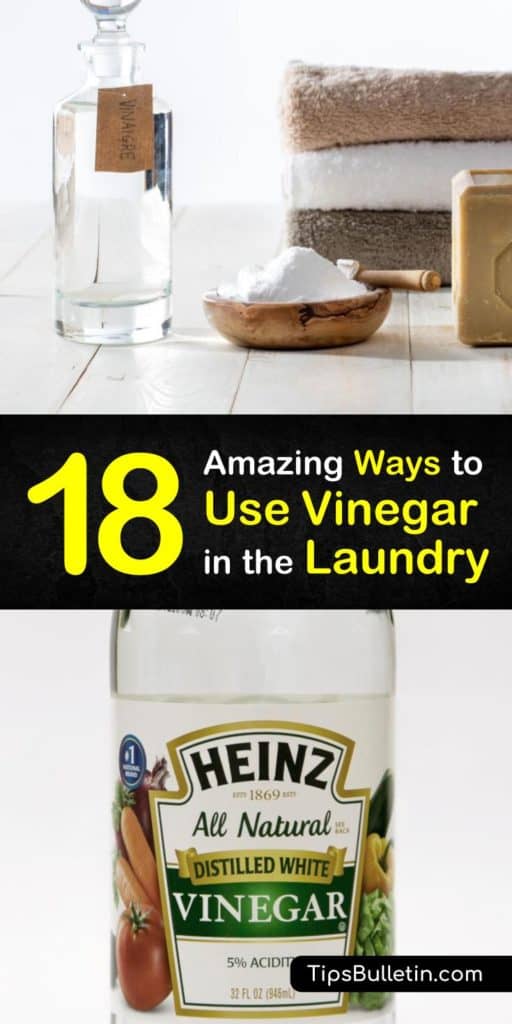 Discover the ways to use vinegar in the laundry from cleaning washing machines to clothes to towels. Add baking soda or dishwasher detergent for even better results. You can use white or apple cider vinegar as a fabric softener, stain removers, and odor eliminator. #vinegarlaundry #vinegar