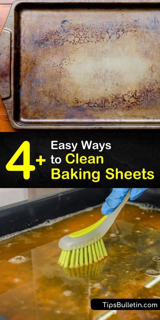 Learn how to clean a sheet pan with a bit of elbow grease, hot water, and common items such as baking soda, cream of tartar, and hydrogen peroxide, and line baking sheets with parchment paper to prevent them from burn stains. #baking #sheet #cleaner #cleaning