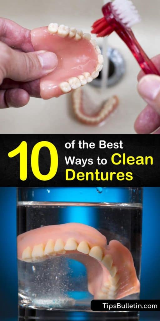 Learn how to do proper denture care to maintain your beautiful smile. Perform regular denture cleaning with a denture brush to remove food particles, and use baking soda as a whitening cleaning solution to keep your teeth looking great. #howto #dentures #cleaning