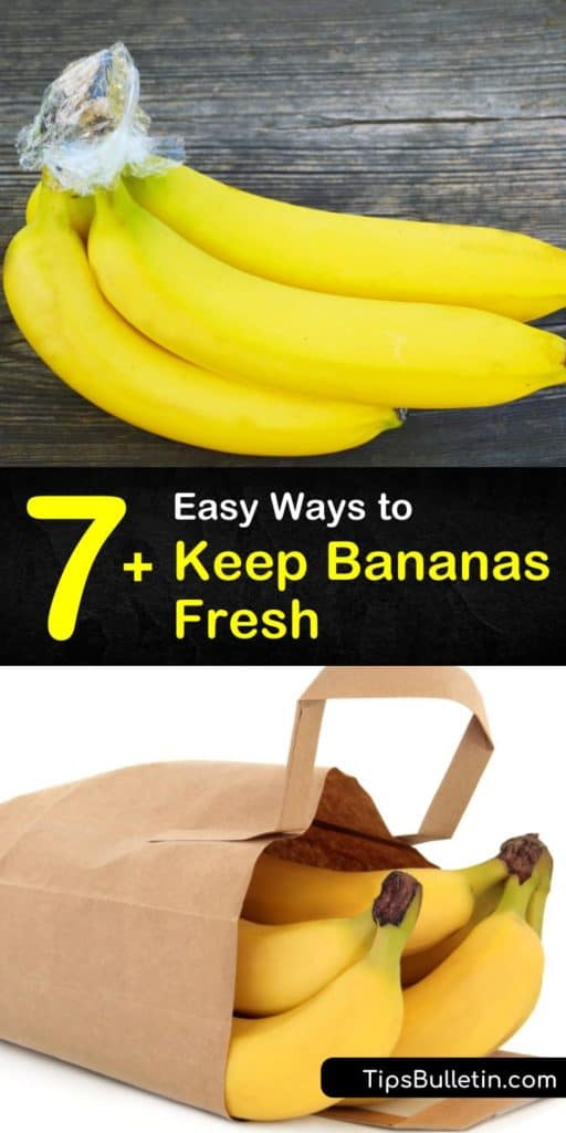 Learn how to store bananas at room temperature, or in the fridge and freezer. Avoid placing them near ripe fruits that release ethylene gas to slow the ripening process and use overripe bananas to make banana bread. #storingbananas #bananas #fresh #preserve