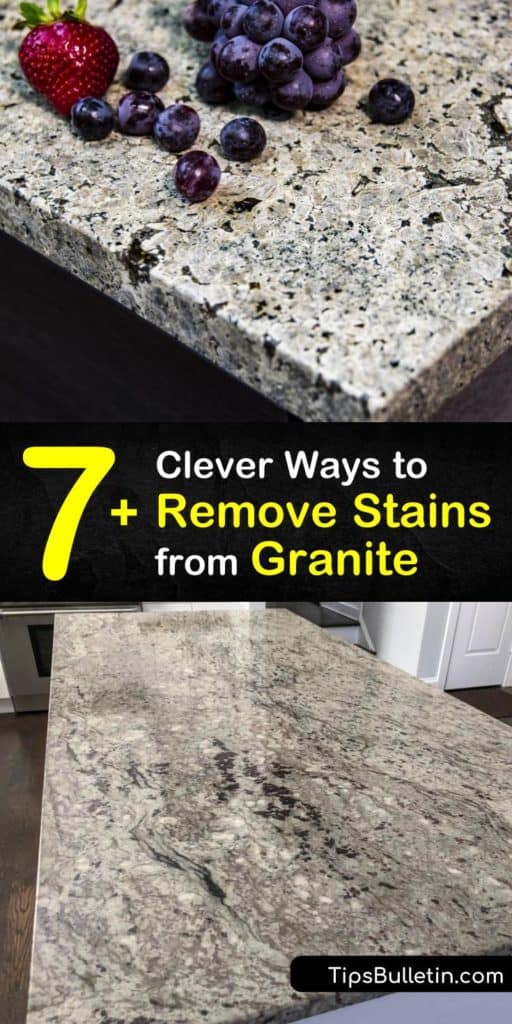 Gather your favorite household cleaning products like baking soda, plastic wrap, and paper towel and use them to create homemade stain removal products and sealant that tackle tough water stains on natural stone. #howto #remove #granite #stains