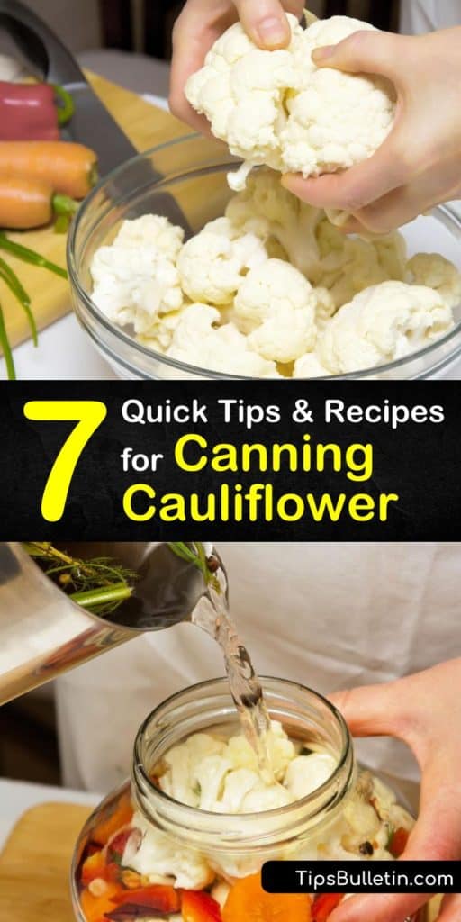 Get creative when you can cauliflower and learn how to use pint jars and a boiling water bath to store your fresh cauliflower florets with other spices and veggies like red pepper, black peppercorns, and white vinegar. #howto #canning #cauliflower