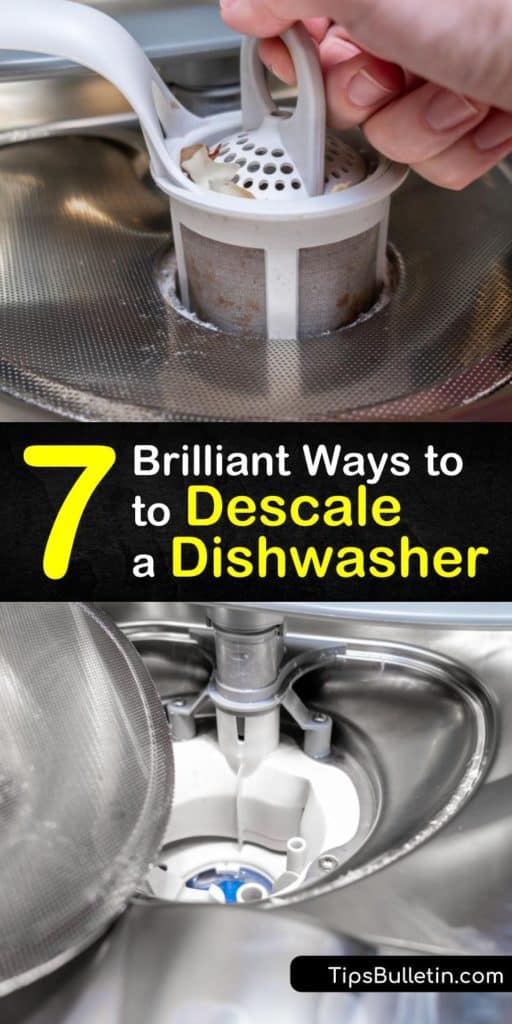 Dishwashing detergent is less effective during the wash cycle if you have hard water. Learn how to descale the spray arms and remove grime and mineral deposits from the bottom of the dishwasher using common household solutions. #descale #dishwasher #howto