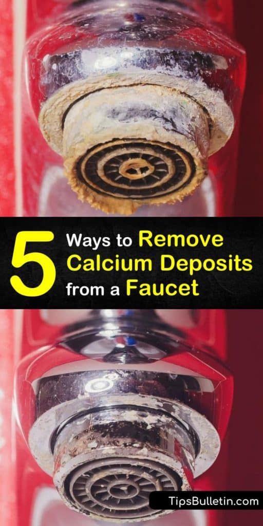 Discover how to get your kitchen and bathroom faucet clean and shiny by removing mineral deposits. Remove calcium buildup and limescale with white vinegar or lemon juice, a plastic bag, and a toothbrush. #remove #calcium #deposits #faucet #descale