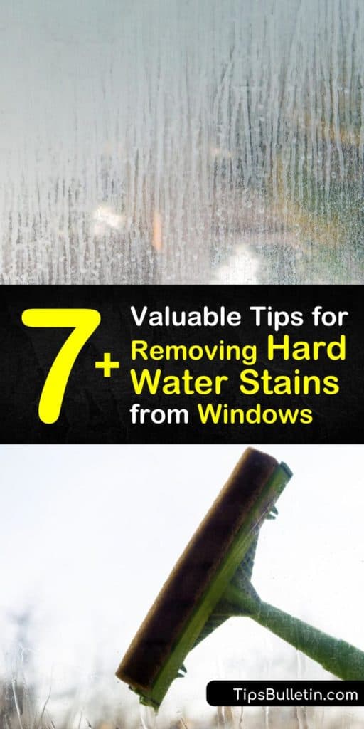 Learn how to remove hard water stains from indoor and outdoor windows, whether from showering or a sprinkler. Apply a glass cleaner like vinegar or lemon juice with a spray bottle or cloth. After you're done scrubbing the cleaning products, squeegee dry. #windows #cleaning #hardwater #stains