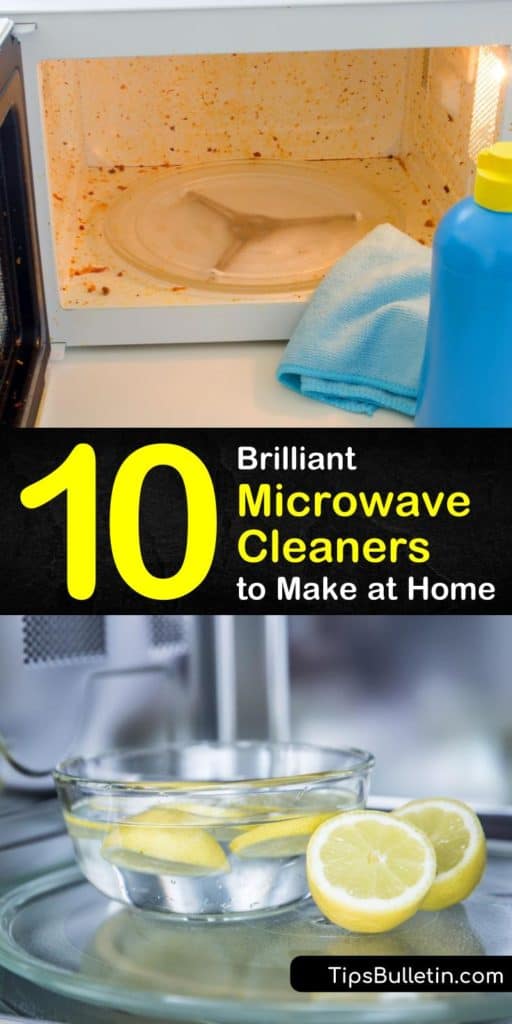 Keep a clean microwave regularly with DIY recipes that combine a cup of water, lemon juice, white vinegar, and dish soap. These homemade sprays easily lift cooked-on food and grime on the inside of the microwave and turntable. #DIY #microwave #cleaner