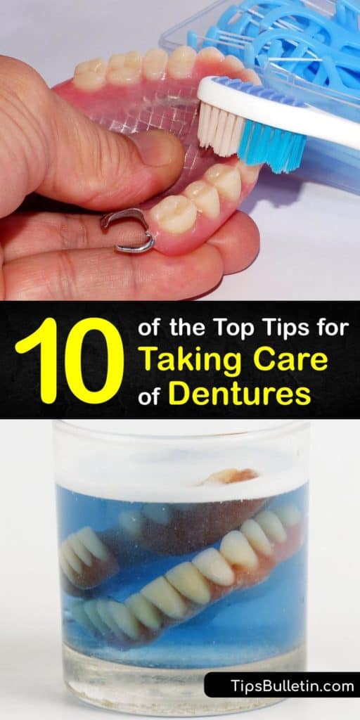 Learn all about denture care, including tips from the American College of Prosthodontists. Soak your dentures overnight in a denture cleanser recommended by the American Dental Association. Then, clean them with a denture brush or toothbrush with soft bristles. #dentures #howto #care #clean